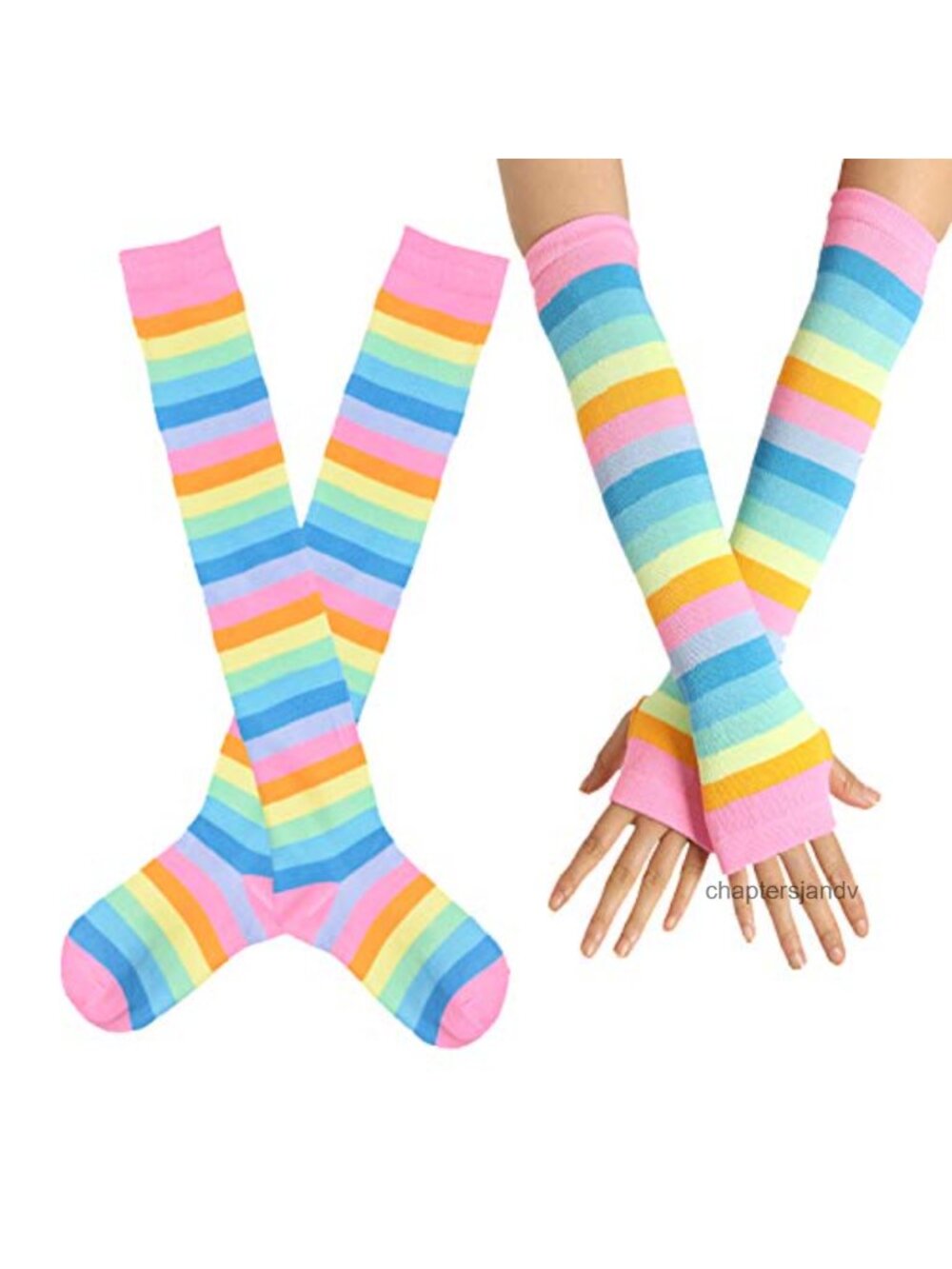 Rainbow Striped Knee High Socks & Fingerless Gloves Cosplay Set